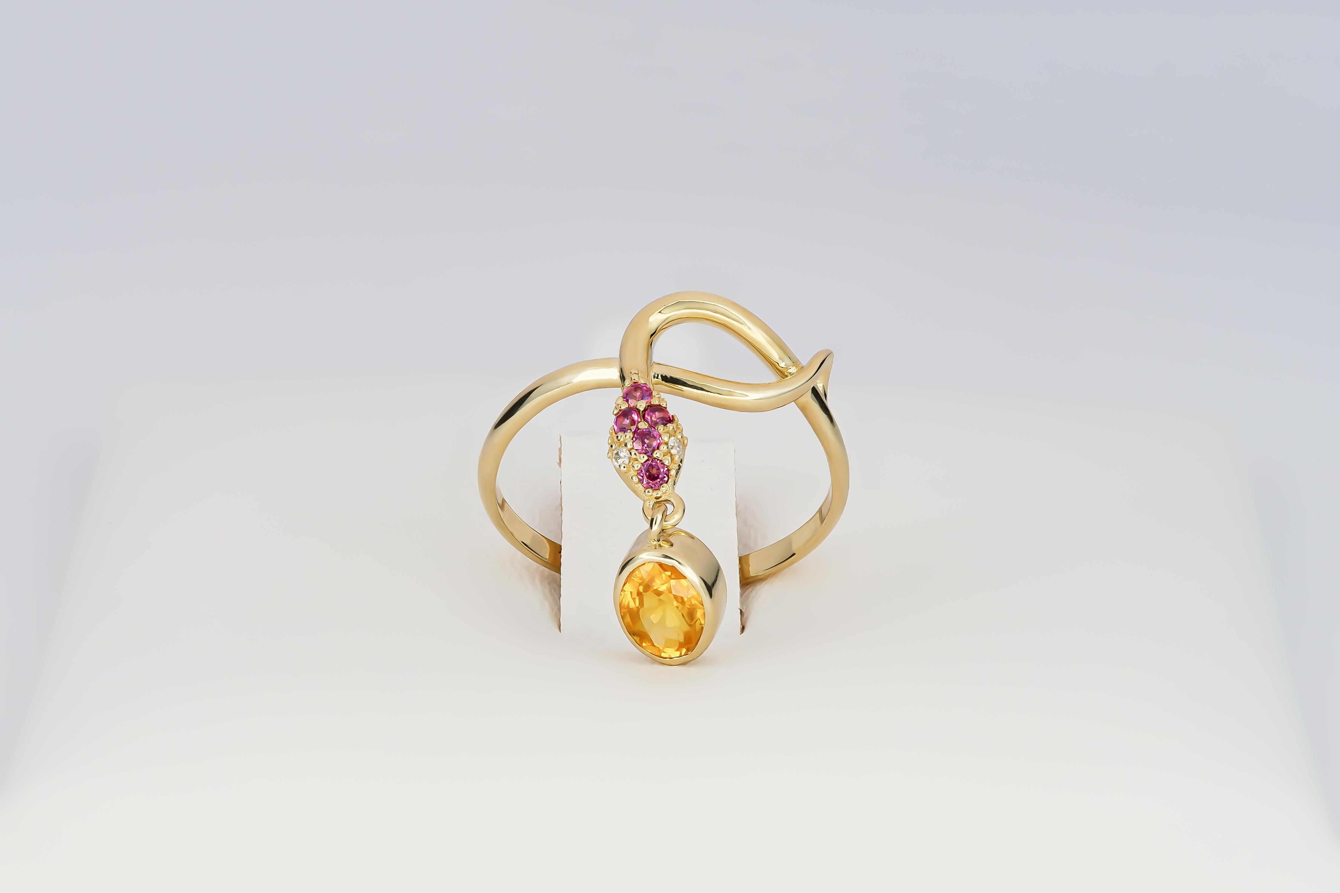 For Sale:  14k Gold Ring with Yellow Sapphire, Rose Sapphires and Diamonds, Snake Ring 5