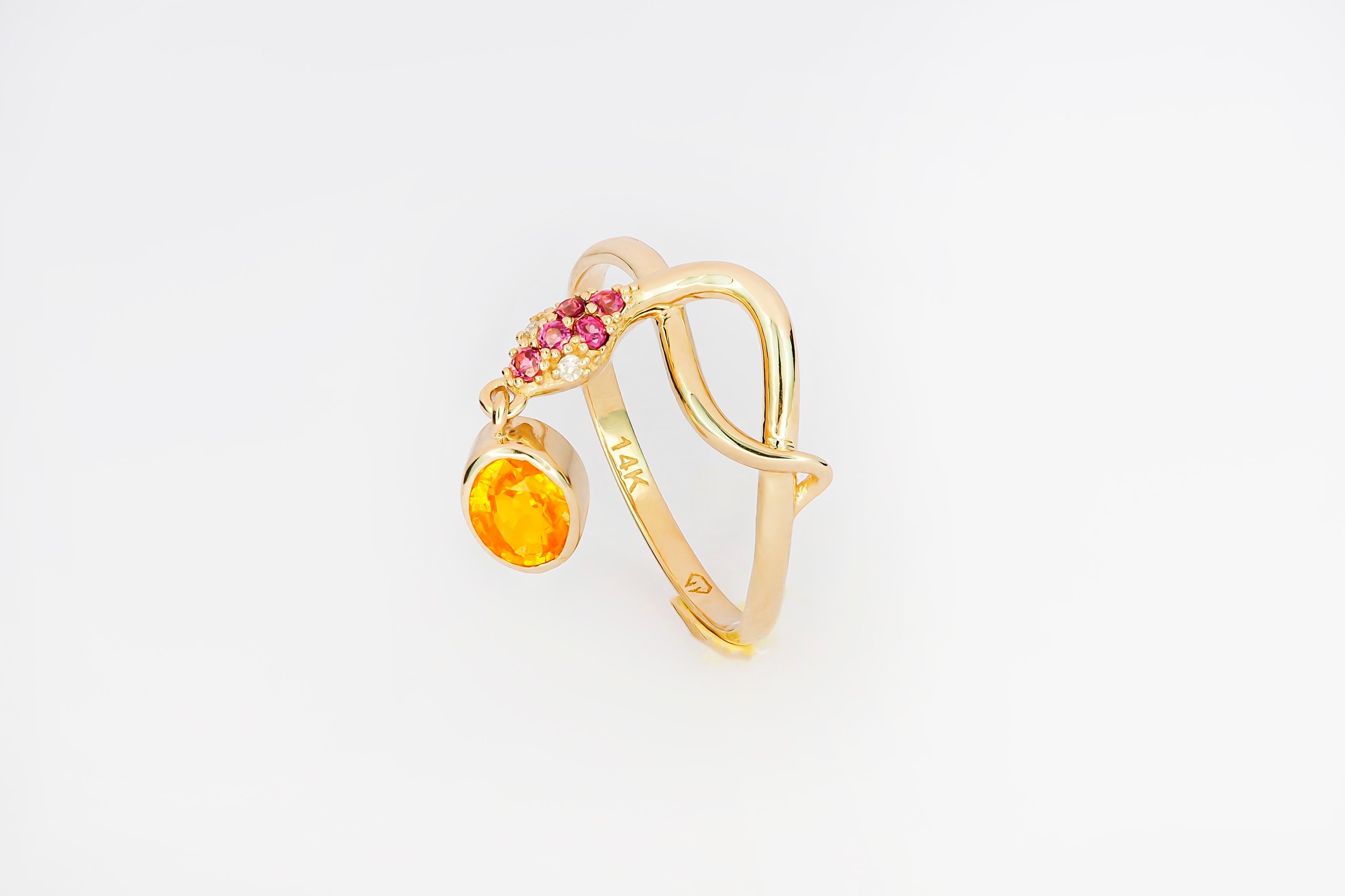For Sale:  14k Gold Ring with Yellow Sapphire, Rose Sapphires and Diamonds, Snake Ring 6