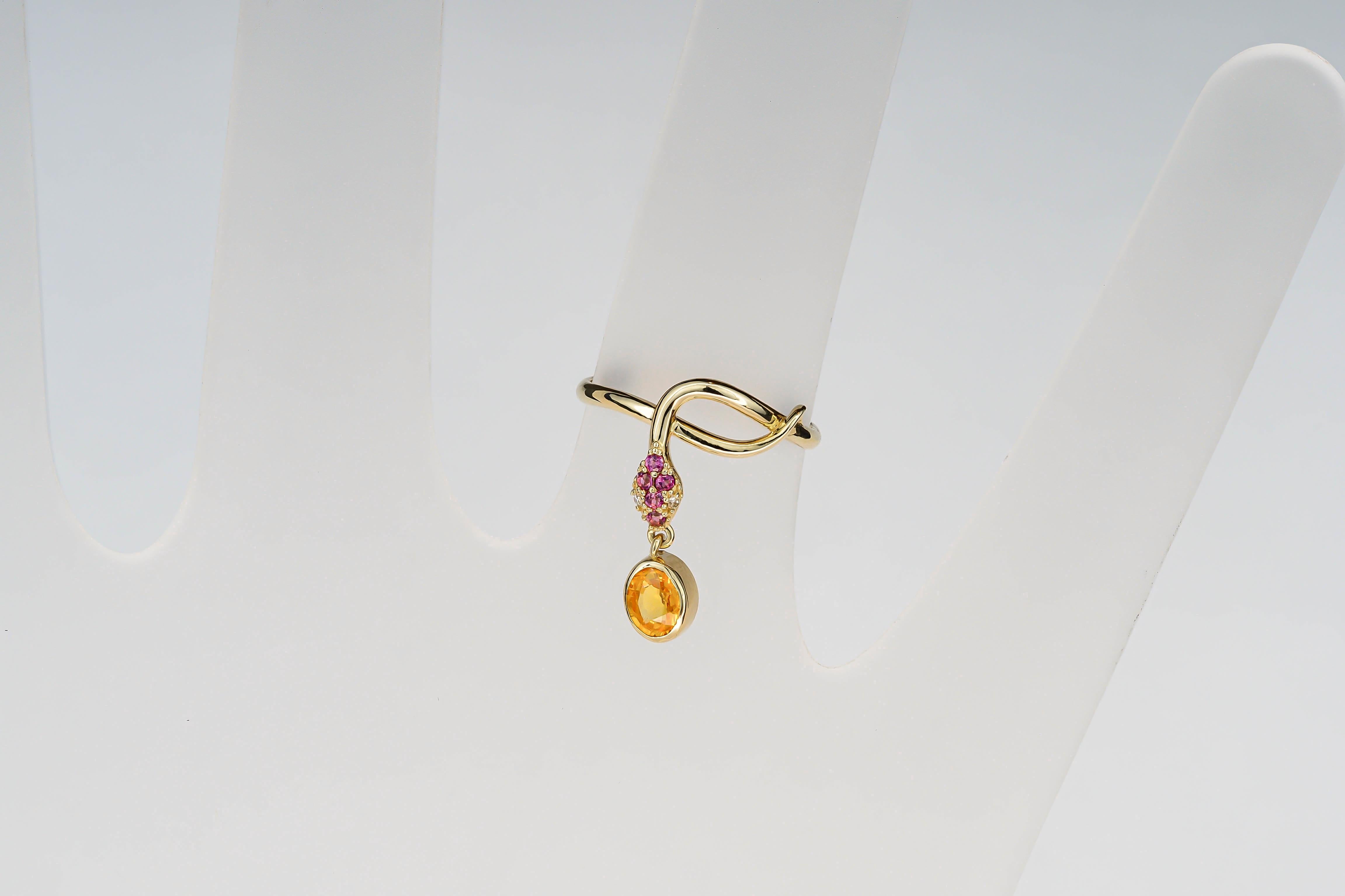 For Sale:  14k Gold Ring with Yellow Sapphire, Rose Sapphires and Diamonds, Snake Ring 7