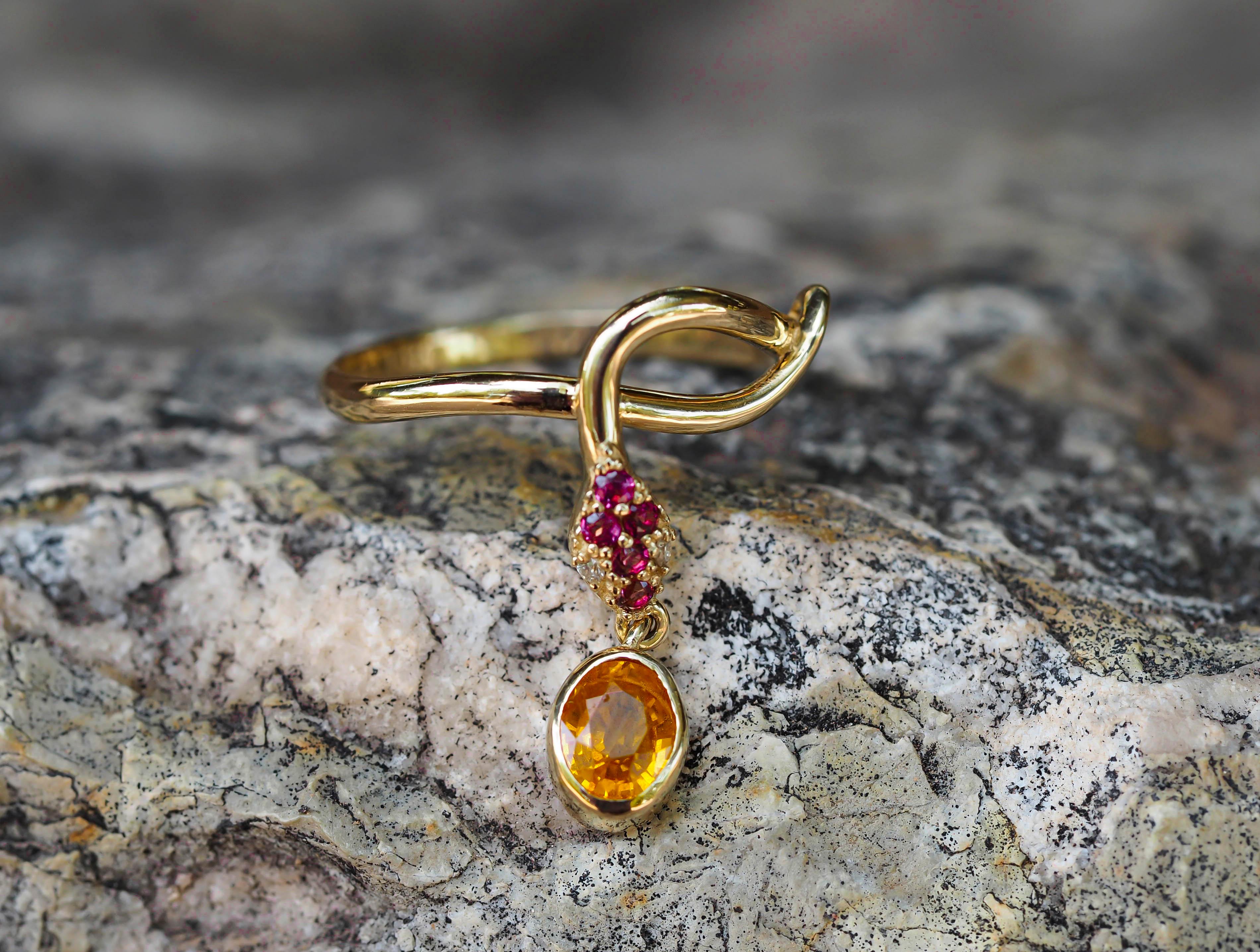 For Sale:  14k Gold Ring with Yellow Sapphire, Rose Sapphires and Diamonds, Snake Ring 9