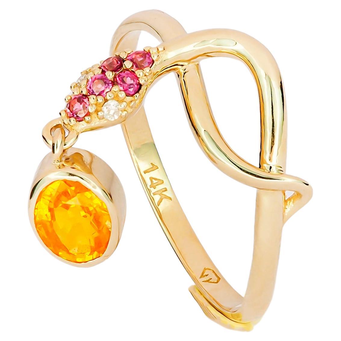 For Sale:  14k Gold Ring with Yellow Sapphire, Rose Sapphires and Diamonds, Snake Ring