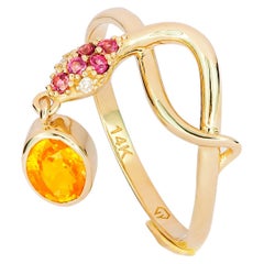 14k Gold Ring with Yellow Sapphire, Rose Sapphires and Diamonds, Snake Ring