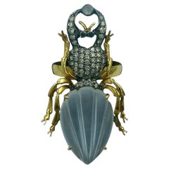 14k gold rock crystal and diamond beetle ring
