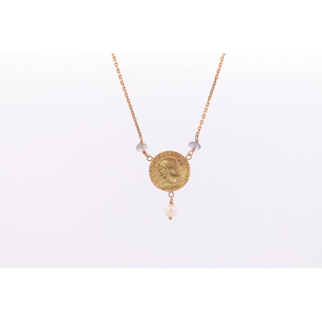14k Gold Roman Coin Bead and Pearl Necklace. 14k Roman coin station Pearl 14k In Good Condition For Sale In Port Charlotte, FL