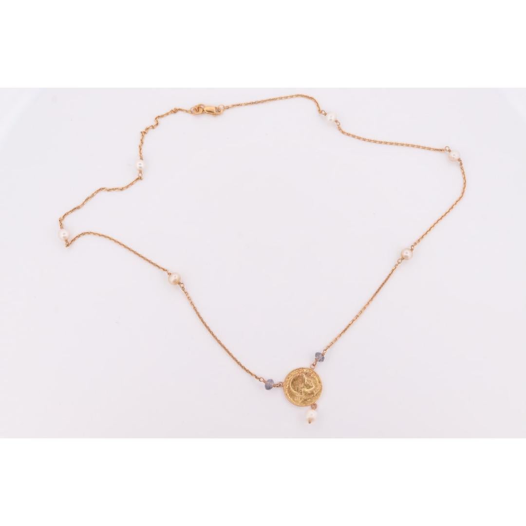 Women's 14k Gold Roman Coin Bead and Pearl Necklace. 14k Roman coin station Pearl 14k For Sale