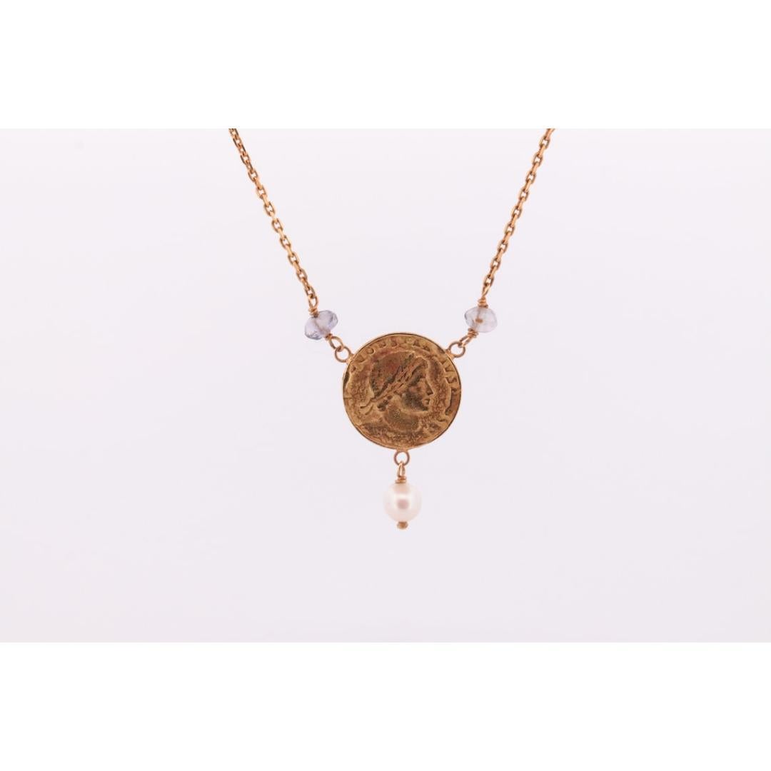 14k Gold Roman Coin Bead and Pearl Necklace. 14k Roman coin station Pearl 14k For Sale 1