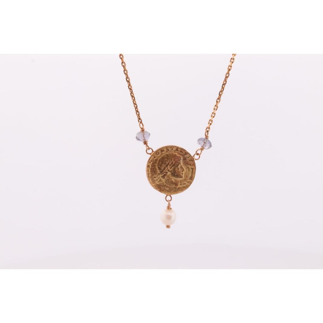 14k Gold Roman Coin Bead and Pearl Necklace. 14k Roman coin station Pearl 14k For Sale 2