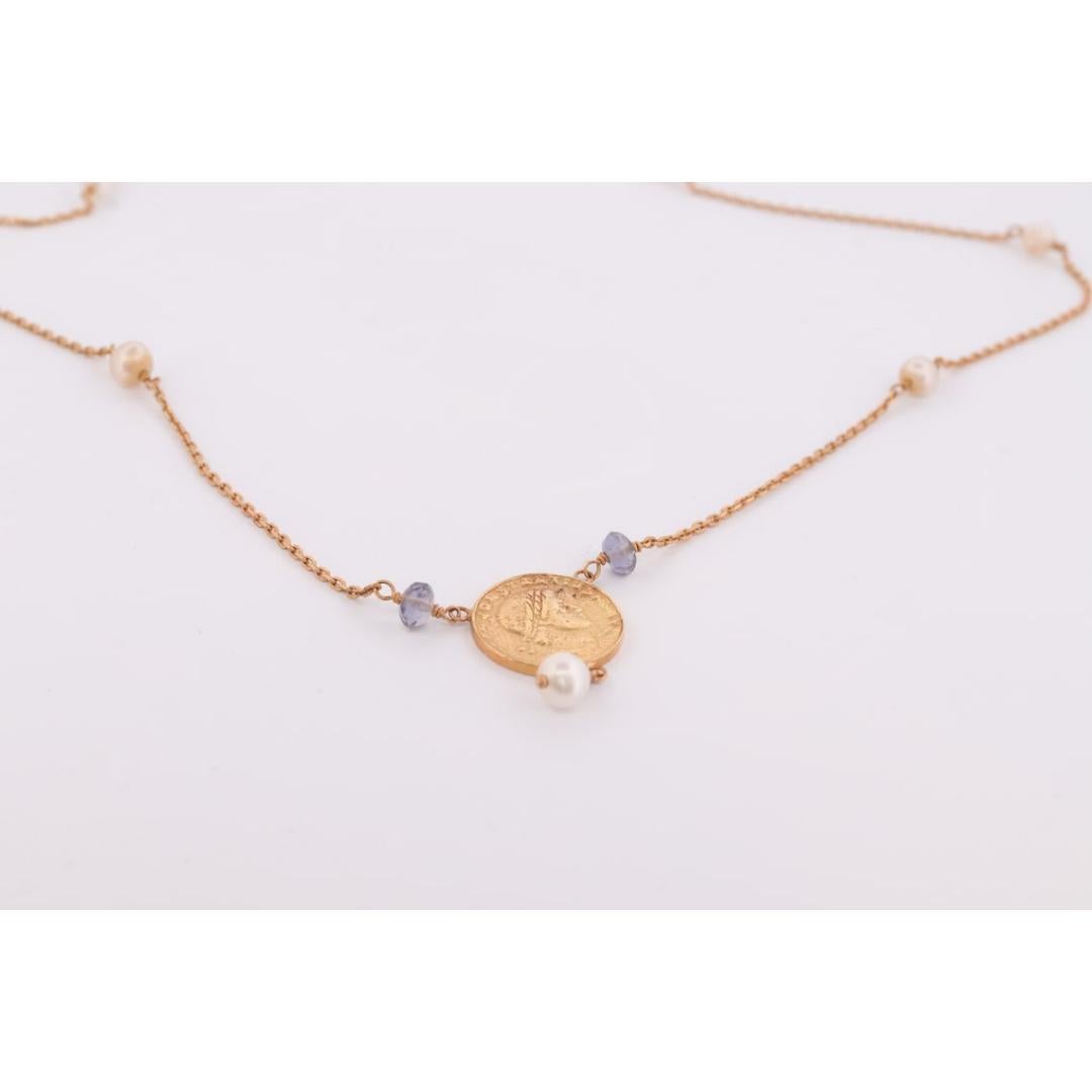 14k Gold Roman Coin Bead and Pearl Necklace. 14k Roman coin station Pearl 14k For Sale 3