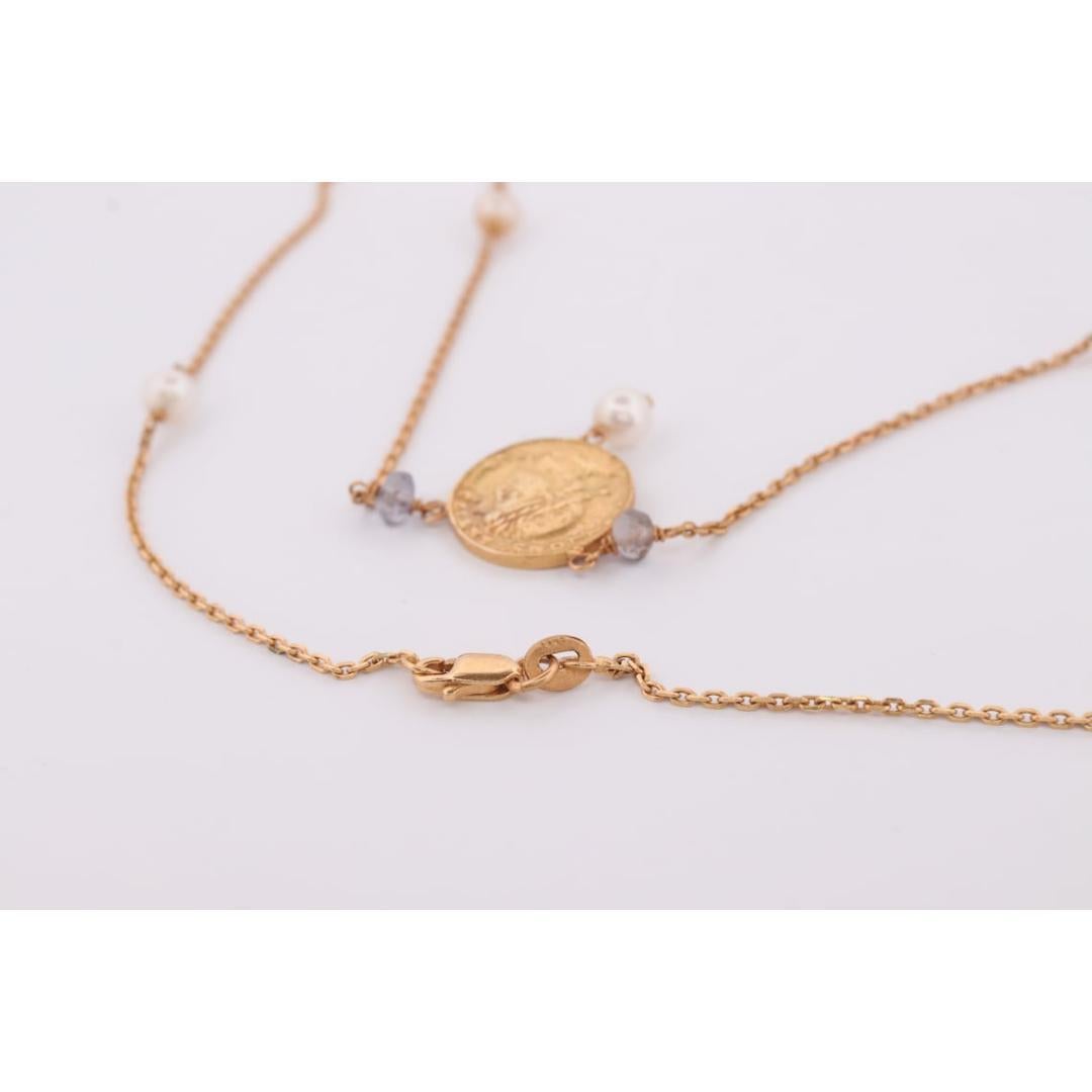 14k Gold Roman Coin Bead and Pearl Necklace. 14k Roman coin station Pearl 14k For Sale 4