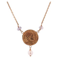 14k Gold Roman Coin Bead and Pearl Necklace. 14k Roman coin station Pearl 14k