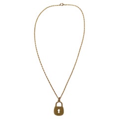 14k Gold Rope Chain Flat Padlock Pendant Necklace circa 1990s