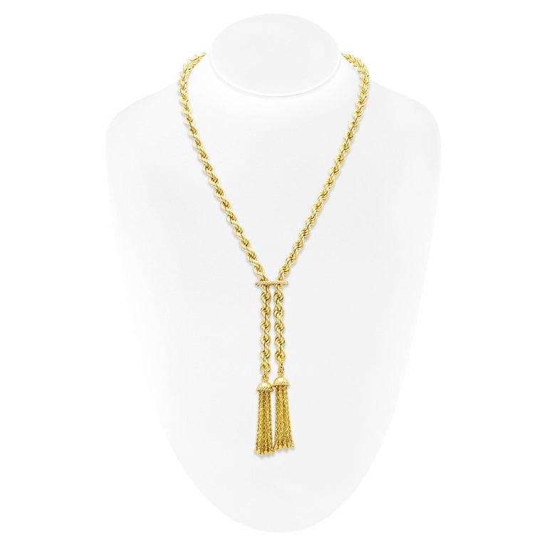 14K Gold Rope Chain Necklace with Tassels For Sale