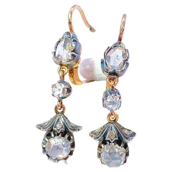  Rose Cut Diamond Dangling Gold Earrings For Sale 1