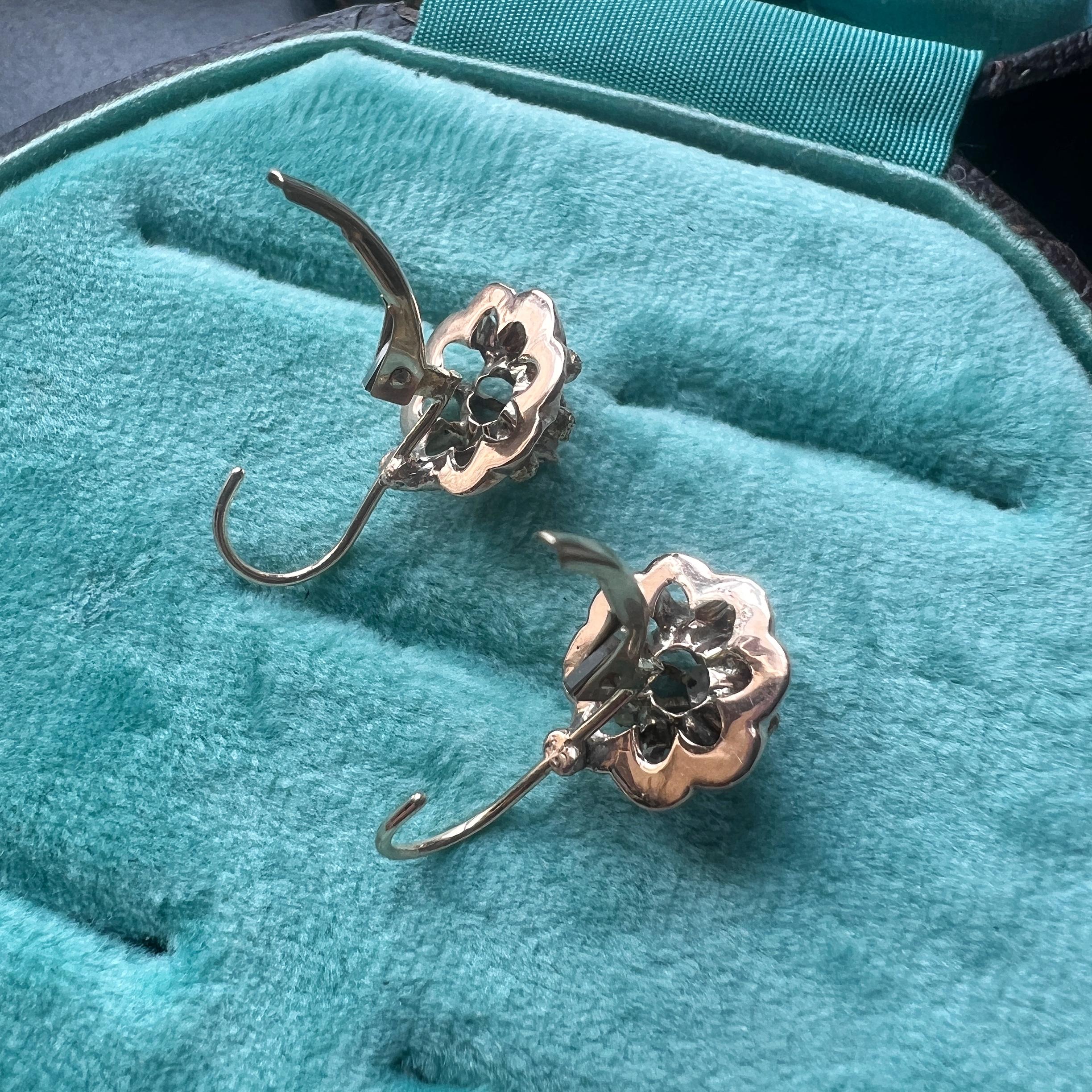 14K gold rose cut diamond flower dangle earrings 4
