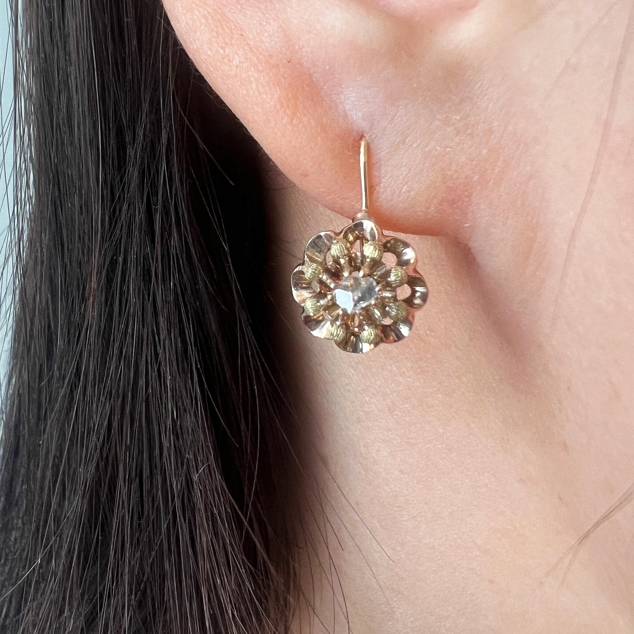 Victorian 14K gold rose cut diamond flower dangle earrings