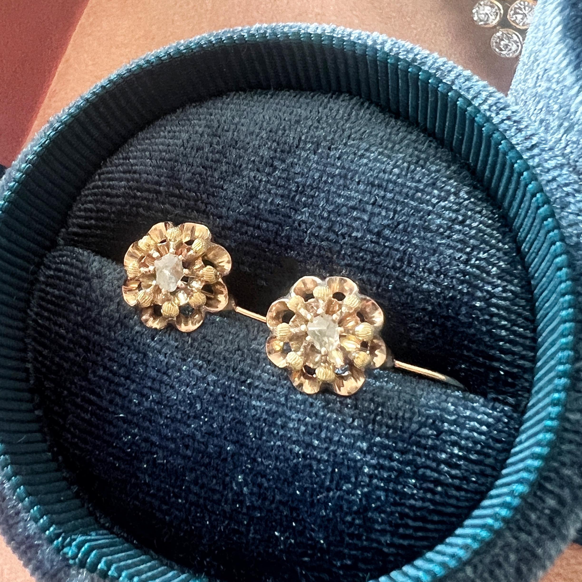 Women's 14K gold rose cut diamond flower dangle earrings