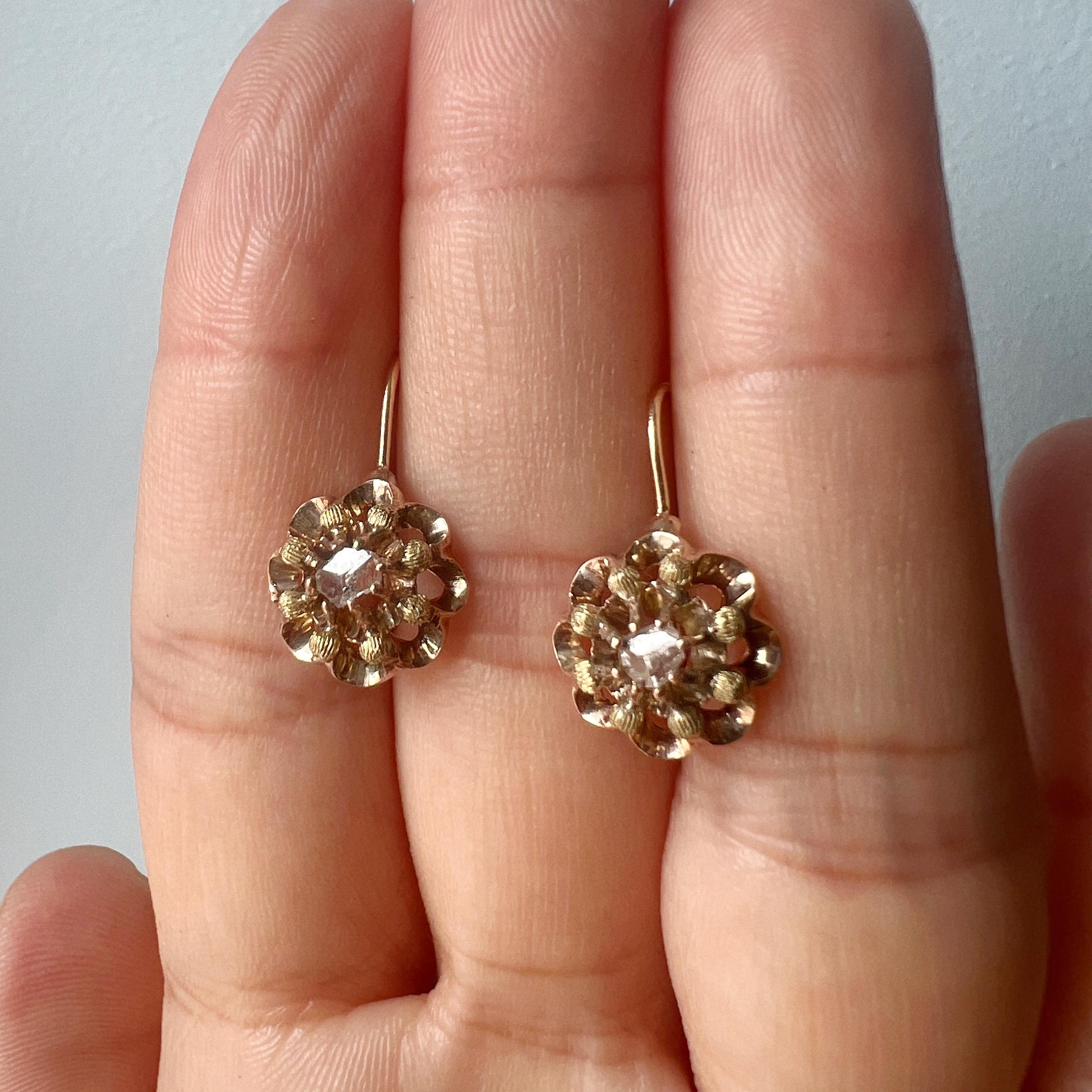 14K gold rose cut diamond flower dangle earrings 1