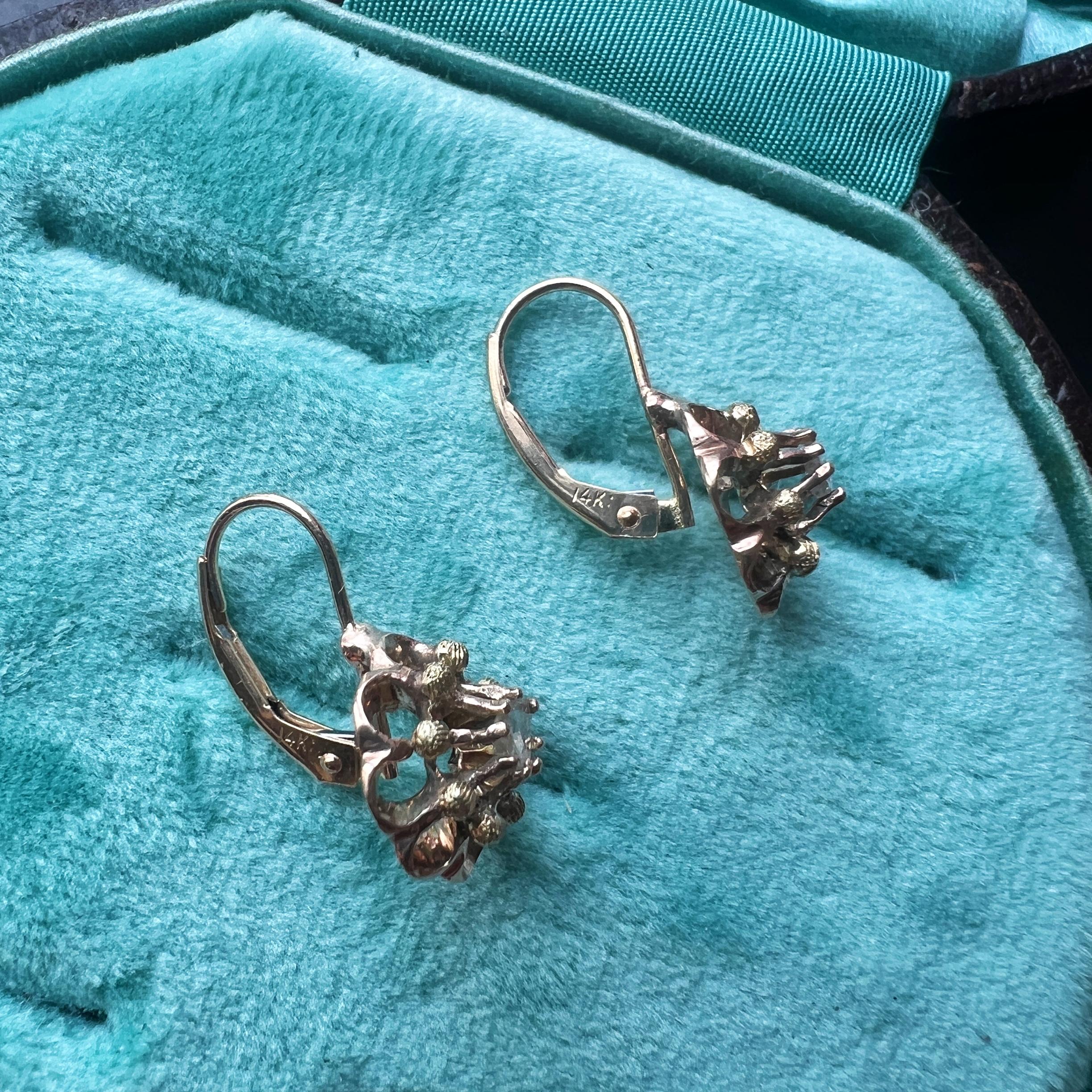 14K gold rose cut diamond flower dangle earrings 2