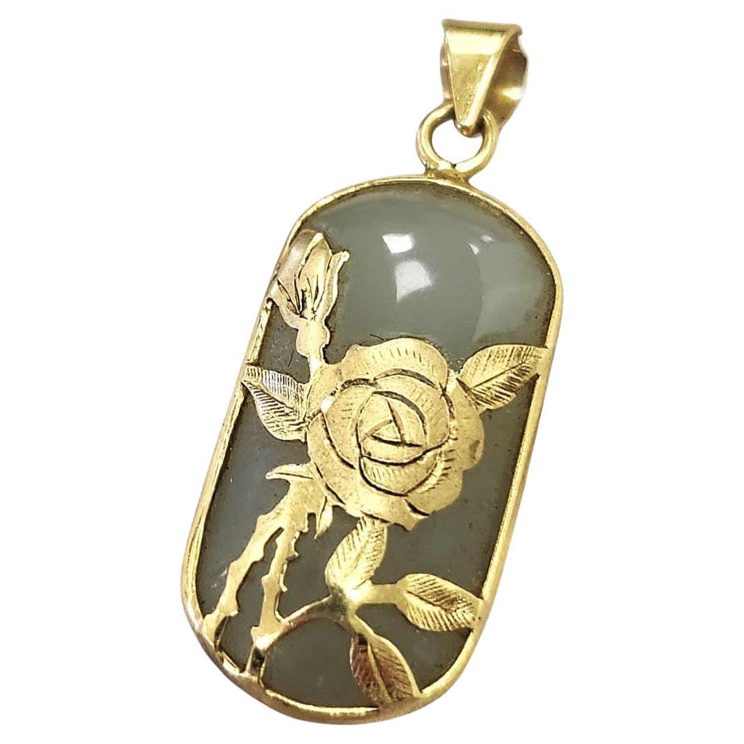 14K Gold Rose Flower Engraved Nephrite Gemstone Pendant – Elegant Floral Jewelry For Sale