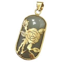 14K Gold Rose Flower Engraved Nephrite Gemstone Pendant – Elegant Floral Jewelry