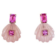 14k Gold Rose Quartz Pink Topaz Sea Shell Earrings