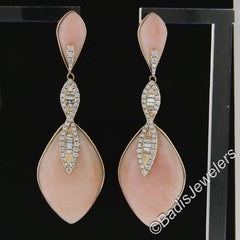 14k Gold Rose Quartz w/ Diamond Marquise Long Dangle Drop Fancy Dinner Earrings