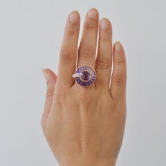 14K Gold Rotating Amethyst Baguette Cabochon Diamond Roulette Cocktail Ring