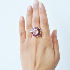 14K Gold Rotating Rhodolite Taper Baguette Rose Quartz Diamond Cocktail Ring