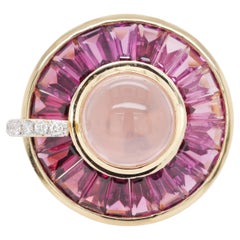 14K Gold Rotating Rhodolite Taper Baguette Rose Quartz Diamond Cocktail Ring