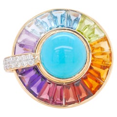 Anillo giratorio de oro de 14 quilates con turquesa en cabujón, piedras preciosas multicolores y diamantes