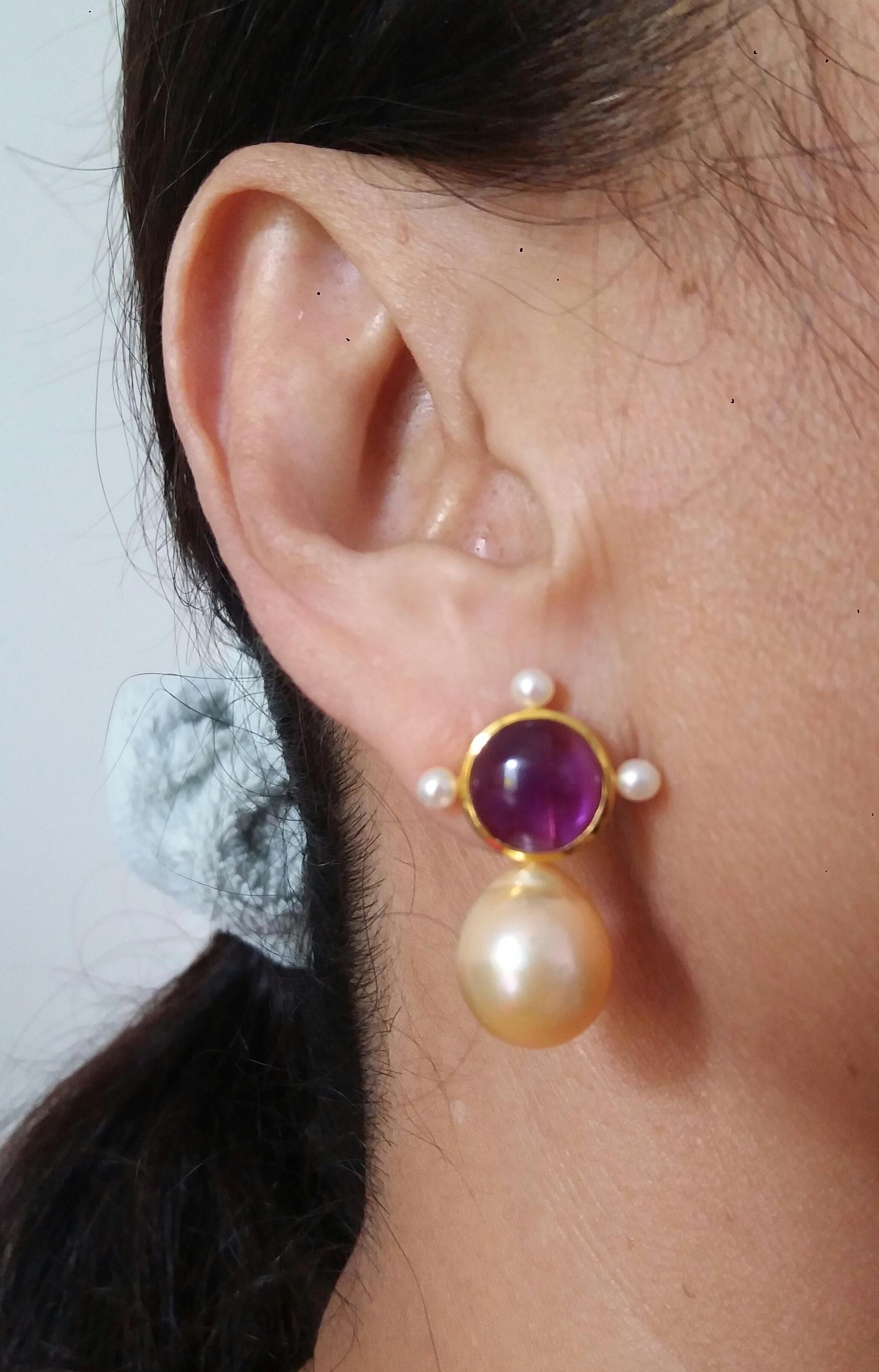 14k Gold Round Amethyst Cabs Natural Golden Color Baroque Pearls Stud Earrings For Sale 3
