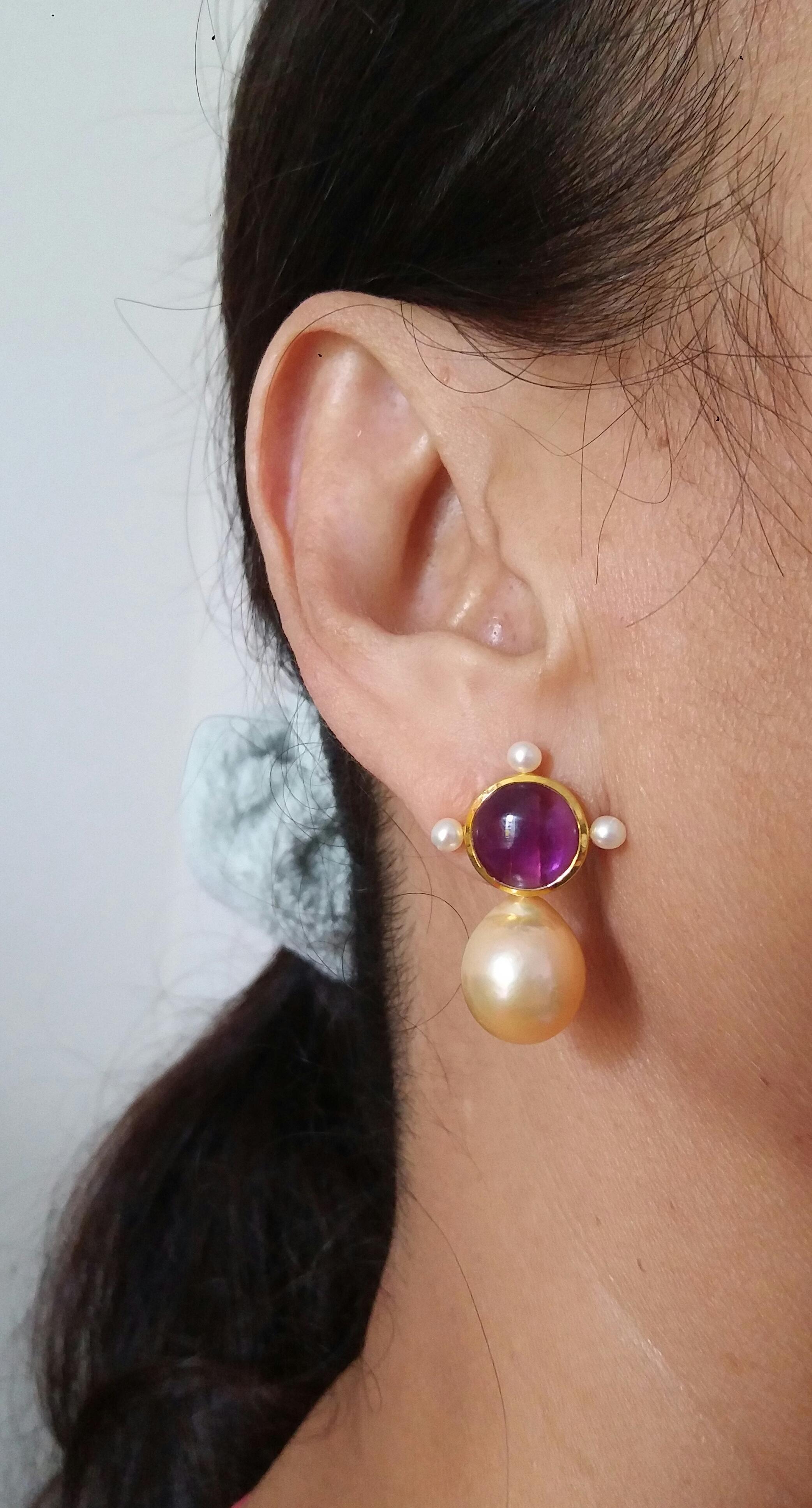 14k Gold Round Amethyst Cabs Natural Golden Color Baroque Pearls Stud Earrings For Sale 4