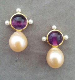 14k Gold Round Amethyst Cabs Natural Golden Color Baroque Pearls Stud Earrings