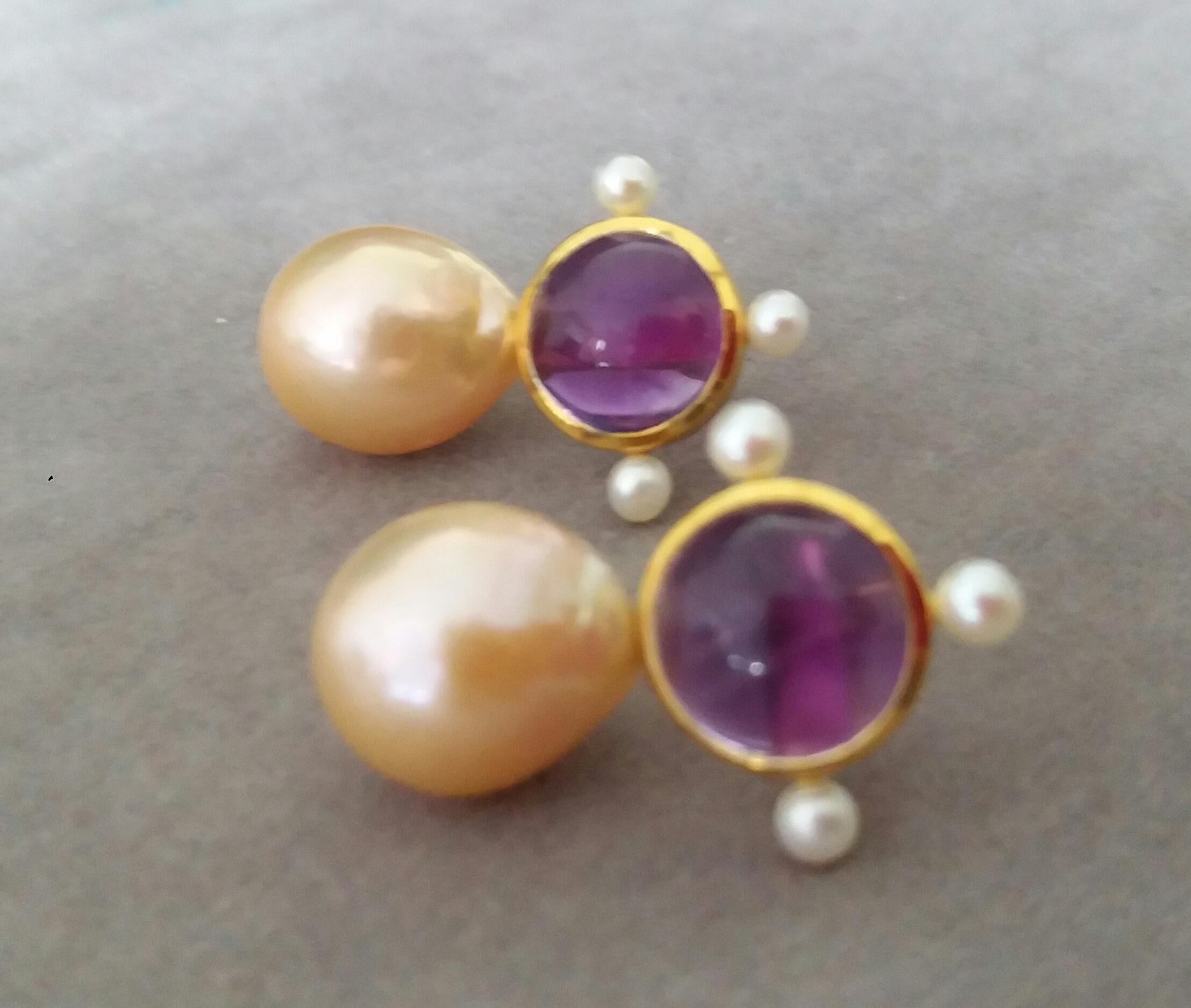 Contemporary 14k Gold Round Amethyst Cabs Natural Golden Color Baroque Pearls Stud Earrings For Sale