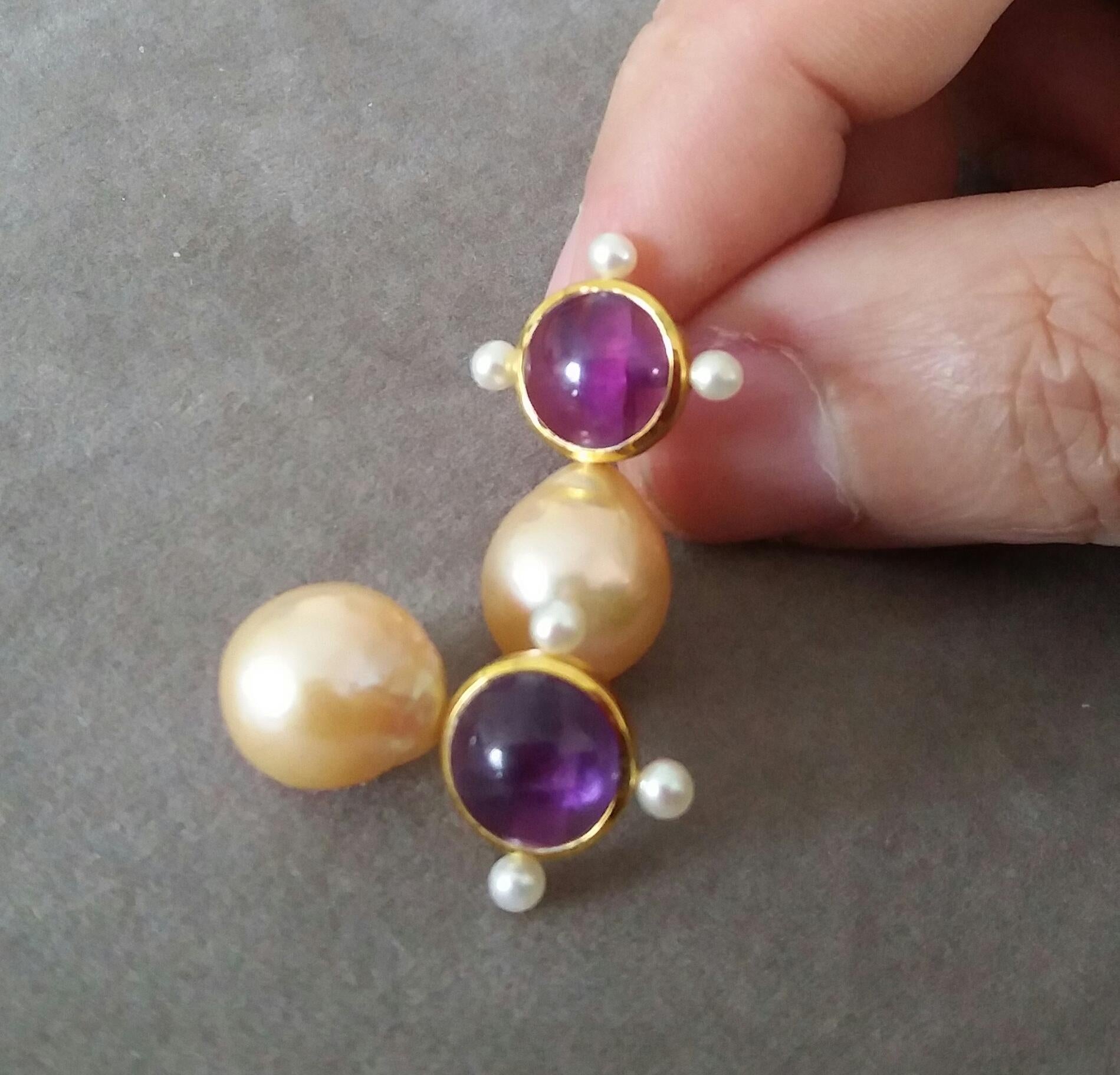 Round Cut 14k Gold Round Amethyst Cabs Natural Golden Color Baroque Pearls Stud Earrings For Sale