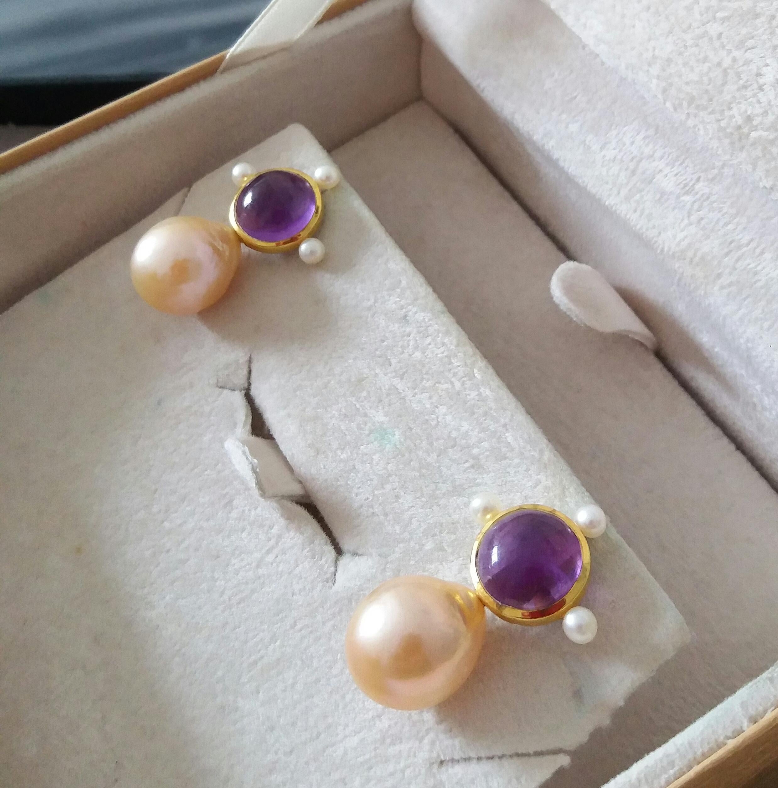 Women's 14k Gold Round Amethyst Cabs Natural Golden Color Baroque Pearls Stud Earrings For Sale