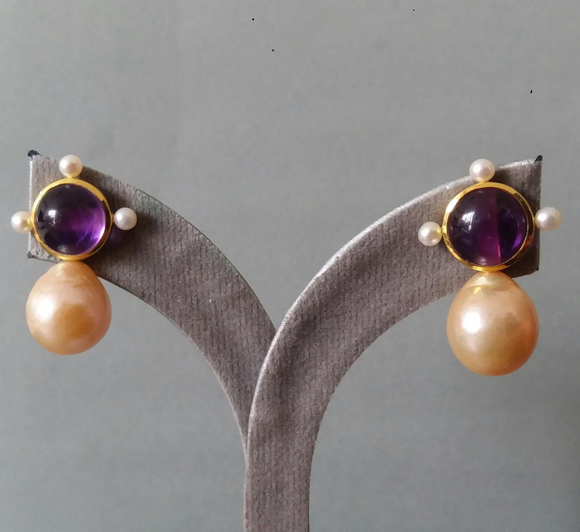 14k Gold Round Amethyst Cabs Natural Golden Color Baroque Pearls Stud Earrings For Sale 1