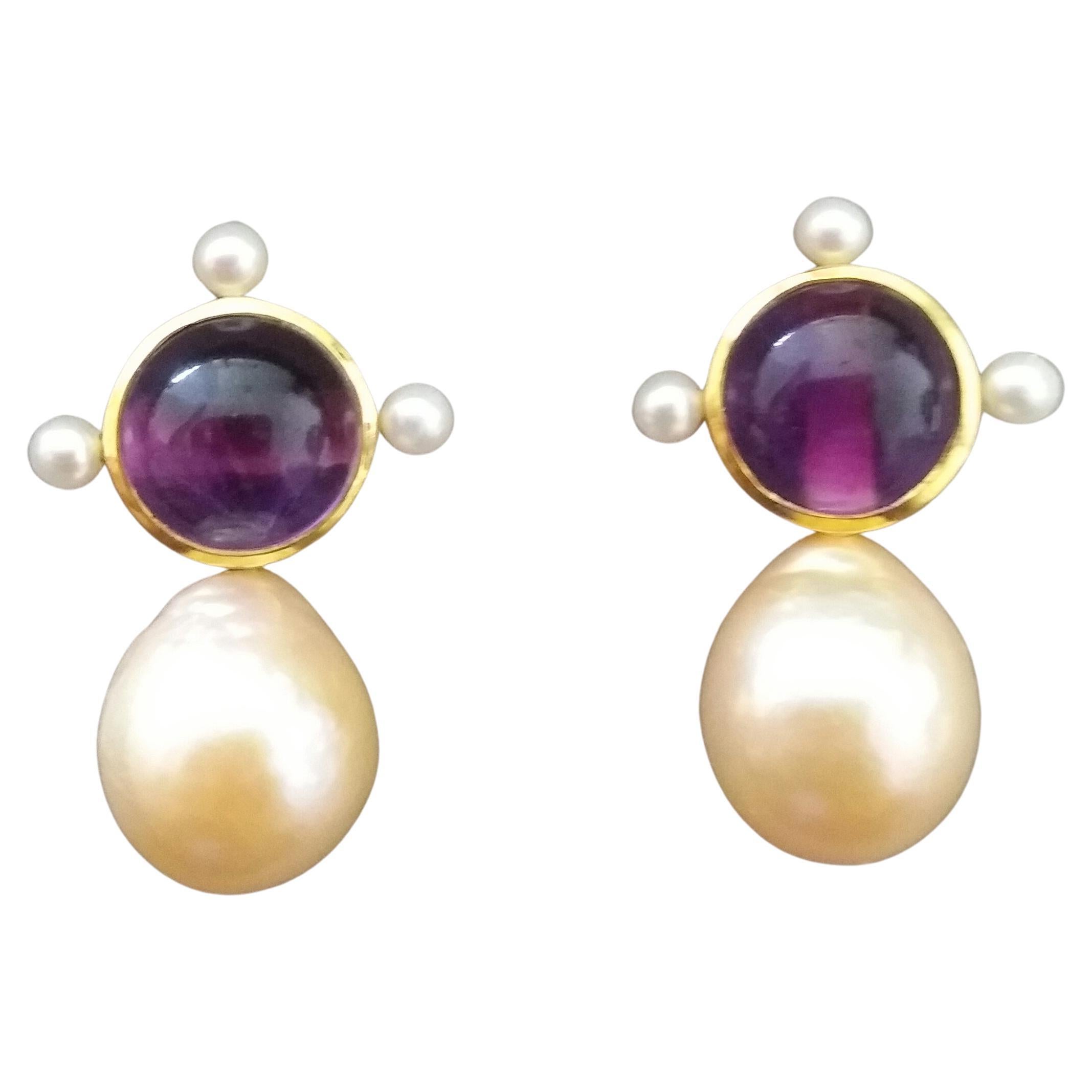 14k Gold Round Amethyst Cabs Natural Golden Color Baroque Pearls Stud Earrings For Sale