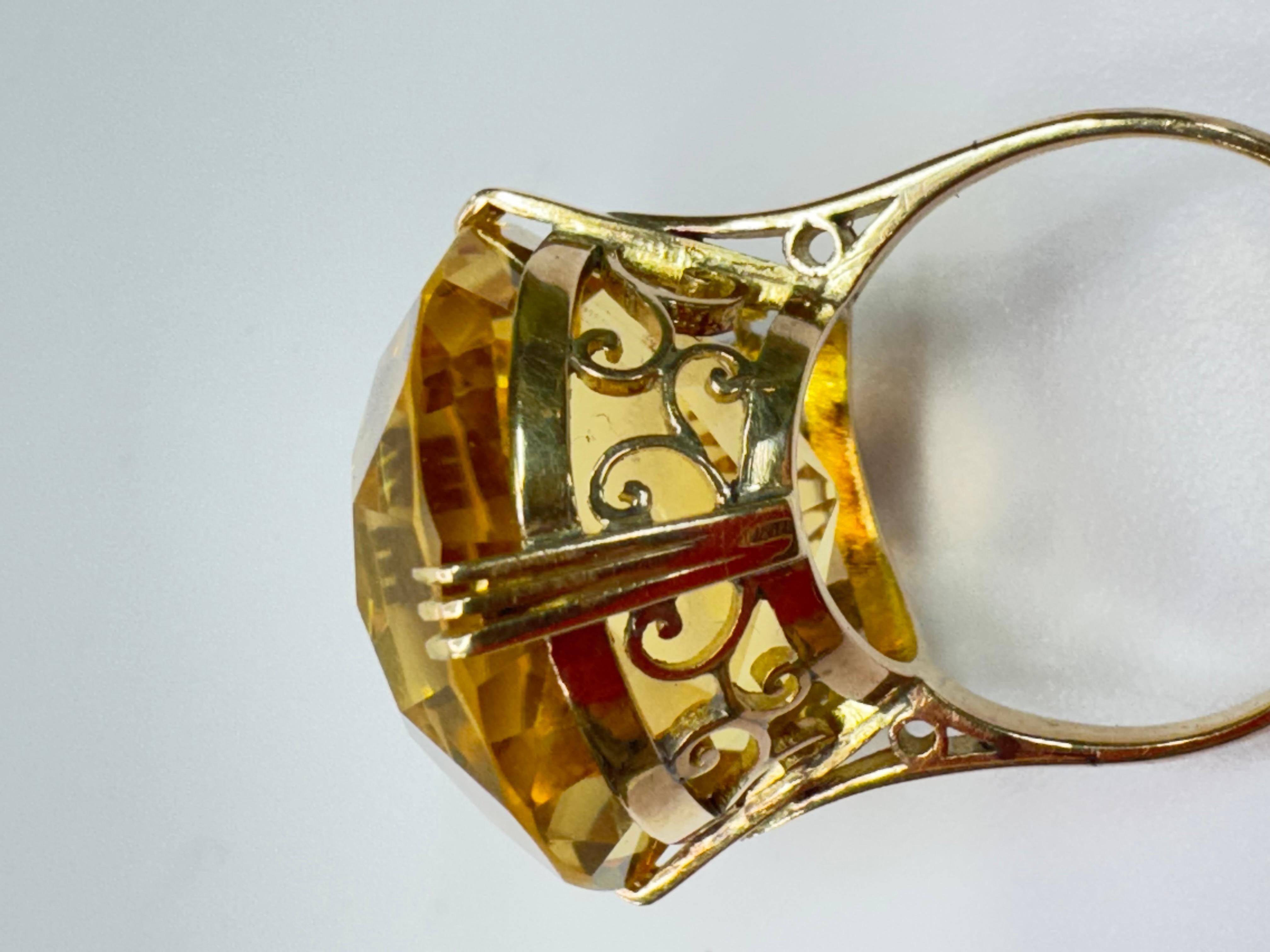 Art déco Bague en or 14k avec citrine ronde à facettes en vente