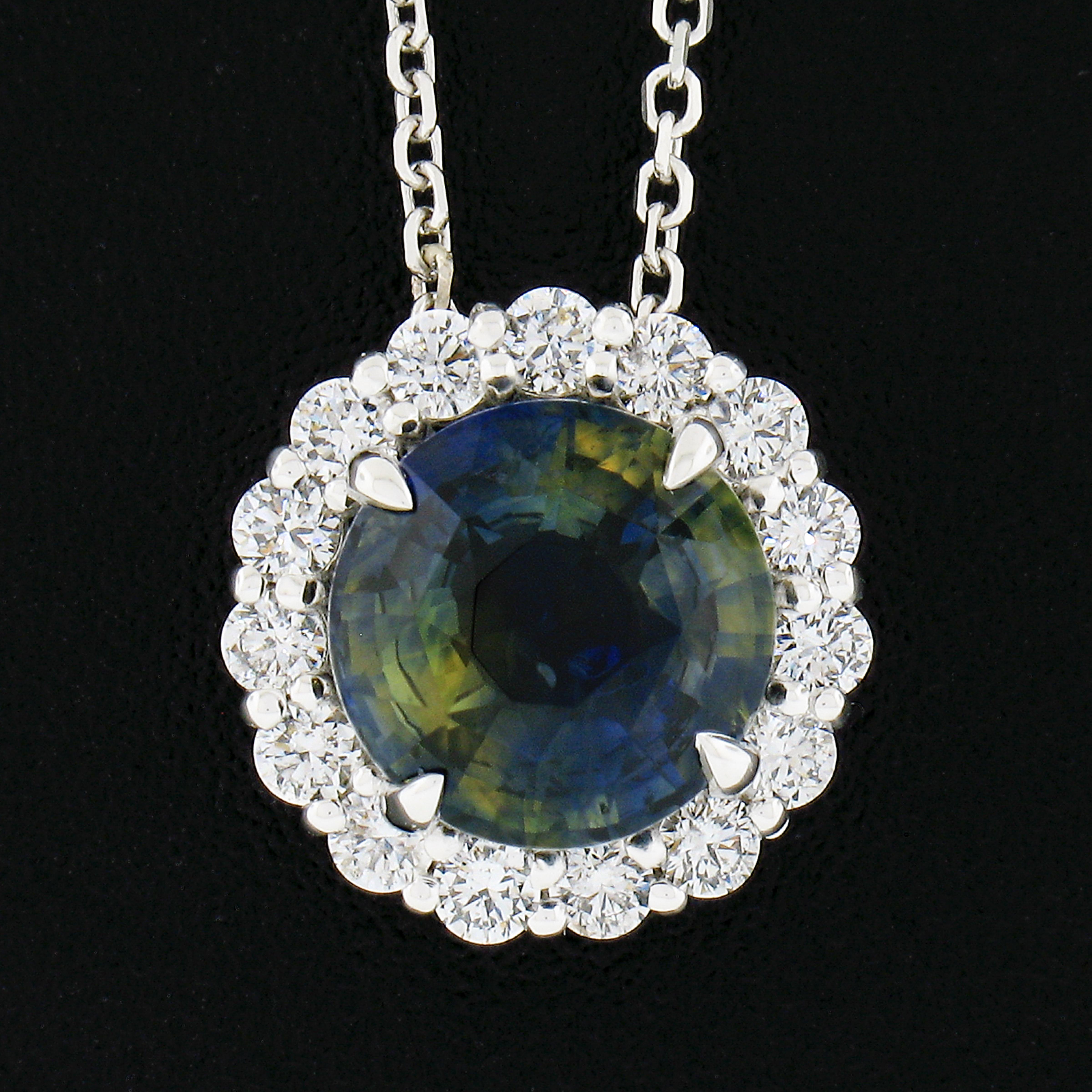 Round Cut 14K Gold Round GIA Zoned Blue & Yellow Sapphire Diamond Halo Pendant Necklace