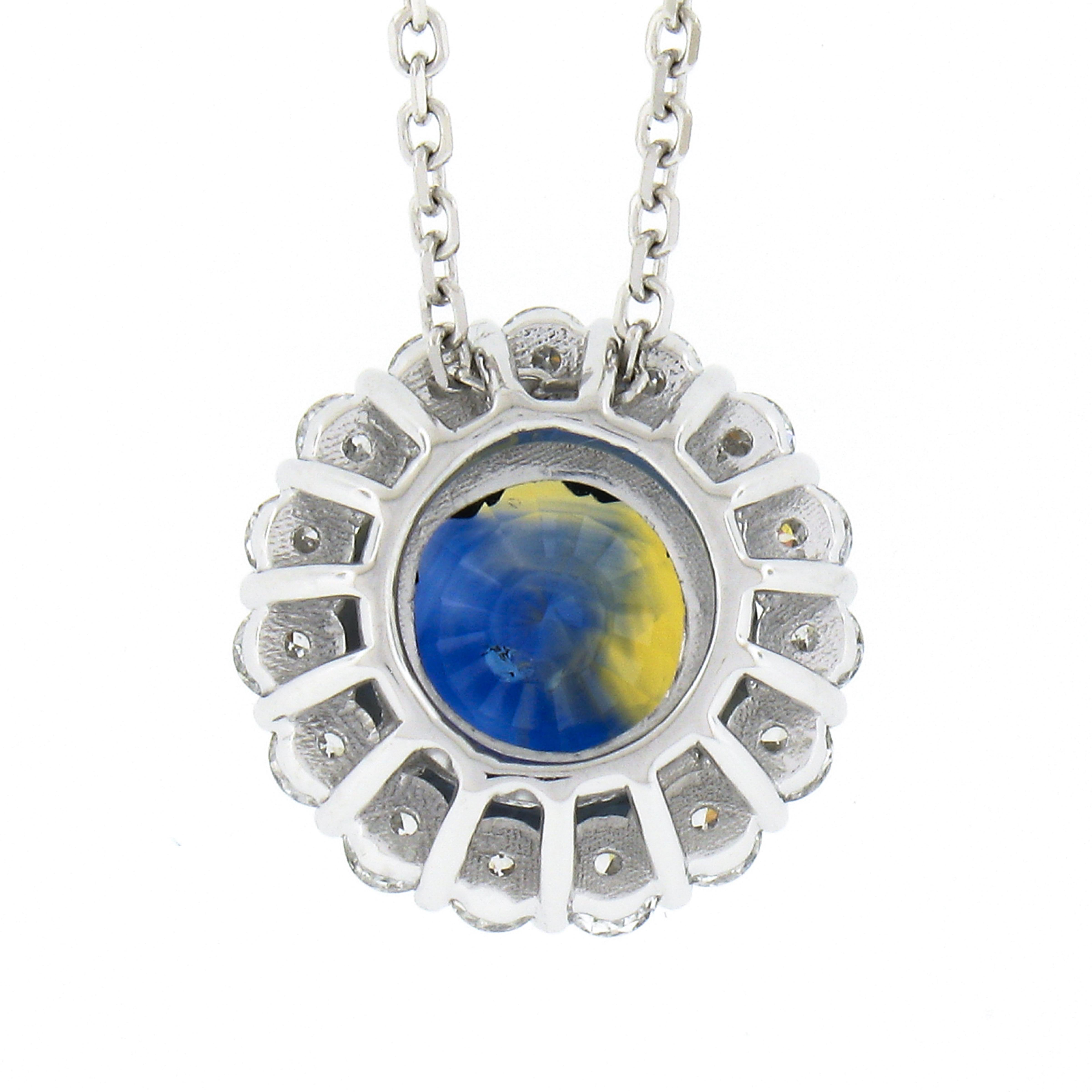 14K Gold Round GIA Zoned Blue & Yellow Sapphire Diamond Halo Pendant Necklace 1