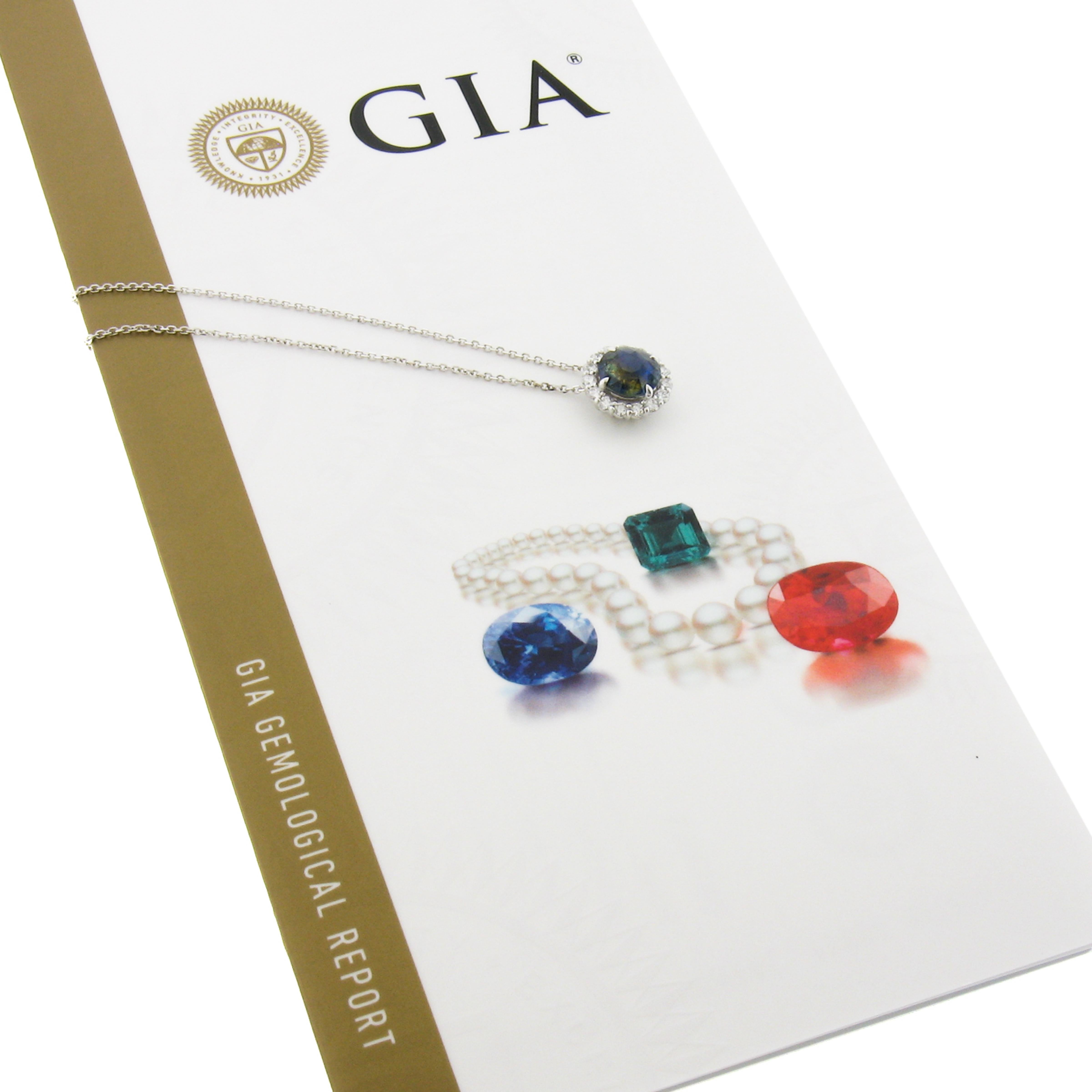 14K Gold Round GIA Zoned Blue & Yellow Sapphire Diamond Halo Pendant Necklace 3