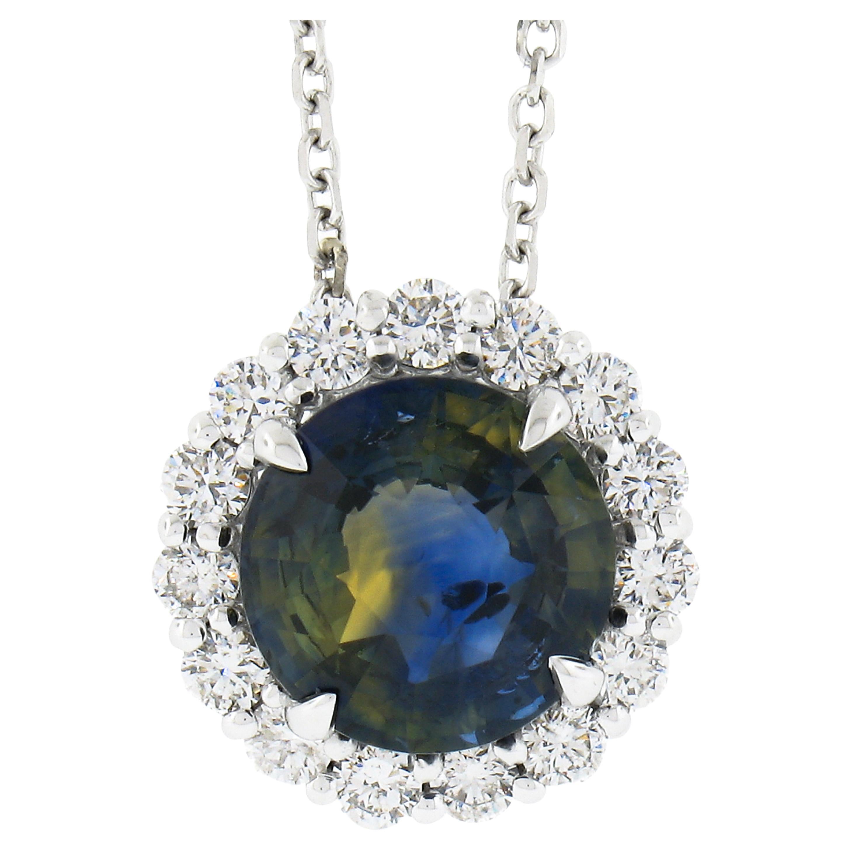 14K Gold Round GIA Zoned Blue & Yellow Sapphire Diamond Halo Pendant Necklace