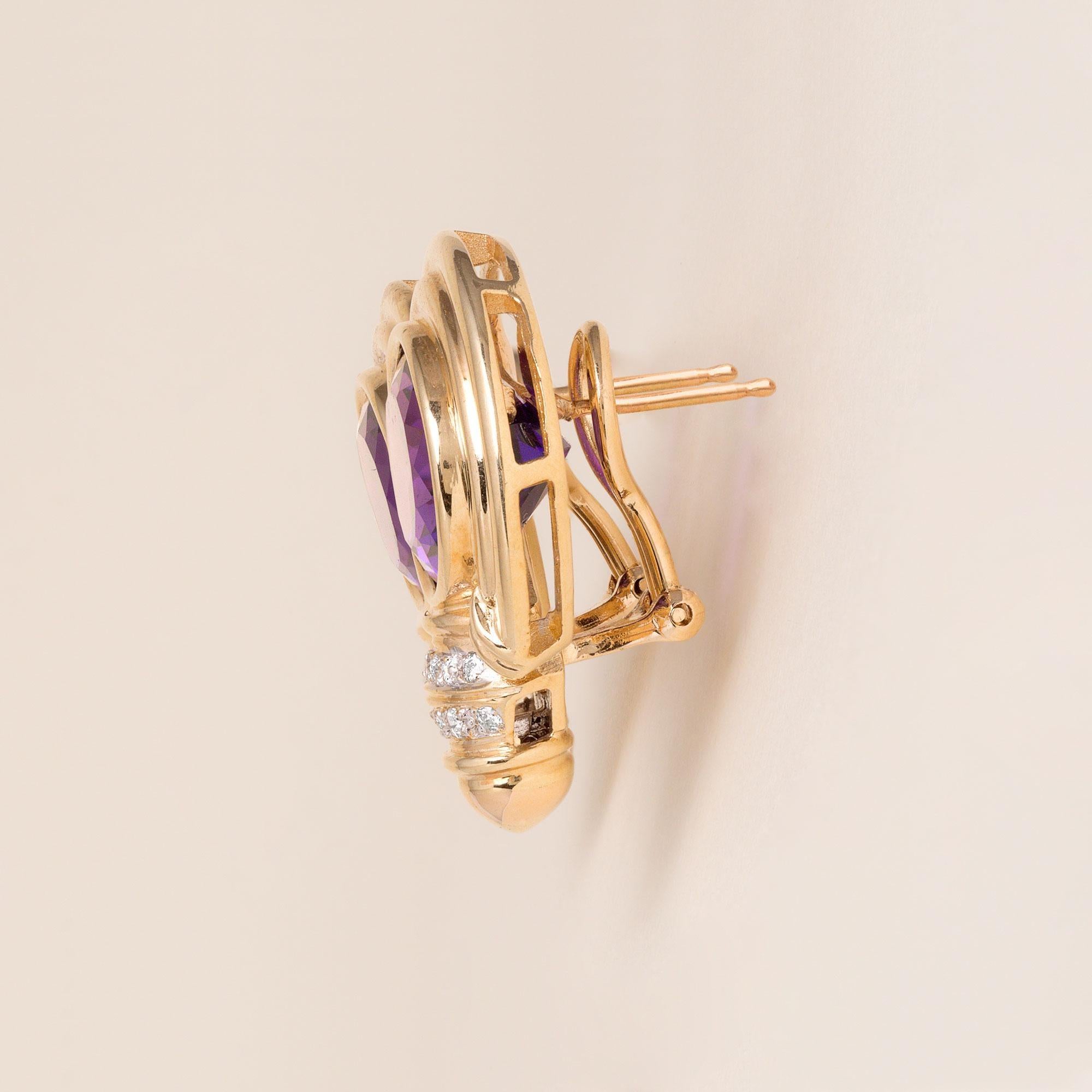 Taglio ovale Orecchini anni '90 in oro 14K con ametista viola reale e diamanti in vendita