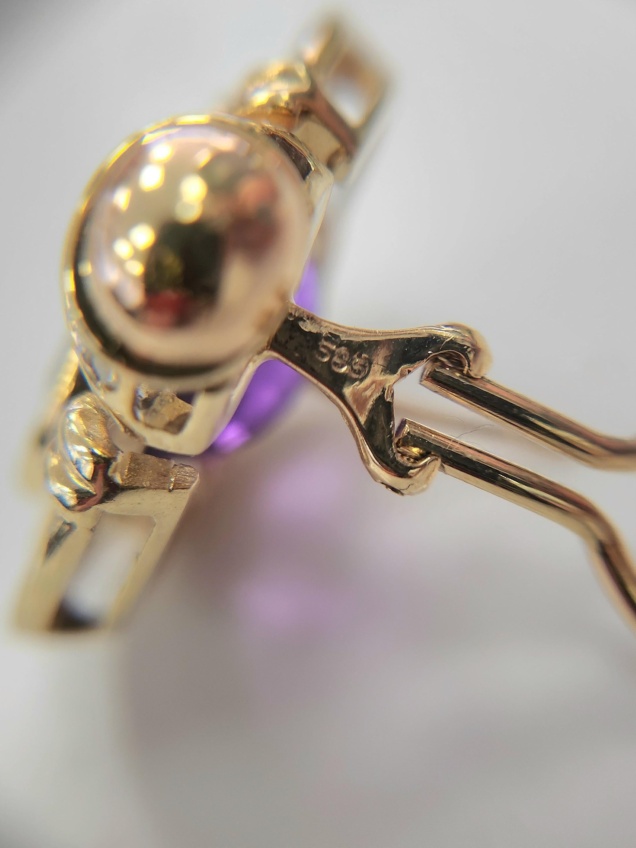 Orecchini anni '90 in oro 14K con ametista viola reale e diamanti in vendita 2