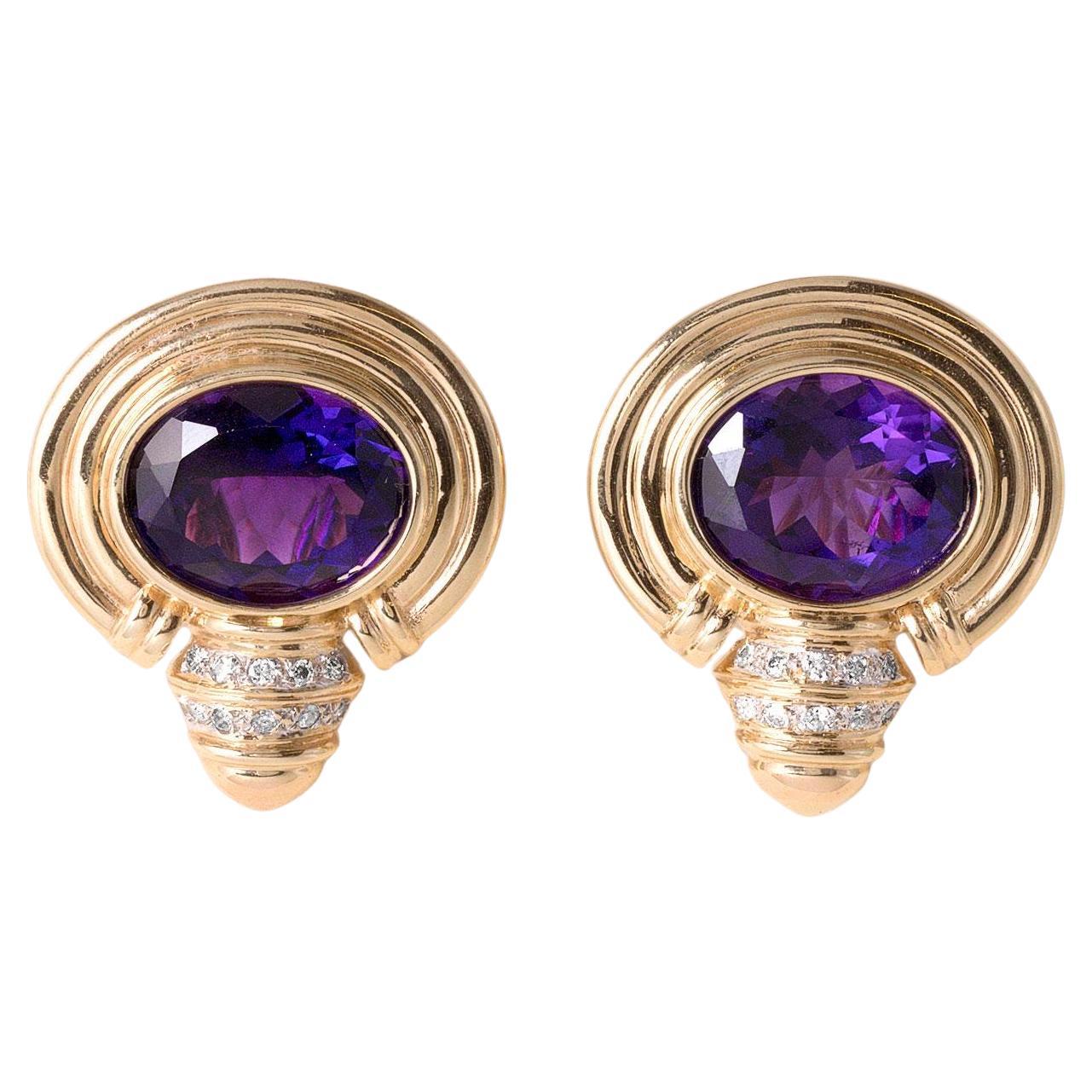 Orecchini anni '90 in oro 14K con ametista viola reale e diamanti in vendita