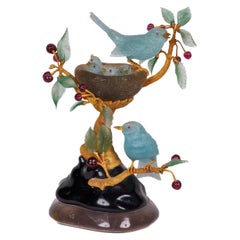 14K Gold, Ruby, and Aquamarine Study, "Birds and Nest in Cherry Tree" by Zadora