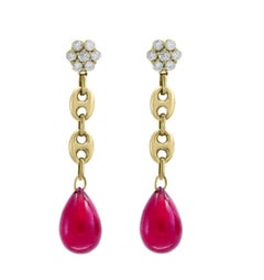 Boucles d'oreilles en or jaune 14 carats, avec un rubis naturel de 45 carats et un diamant de 1,5 carat