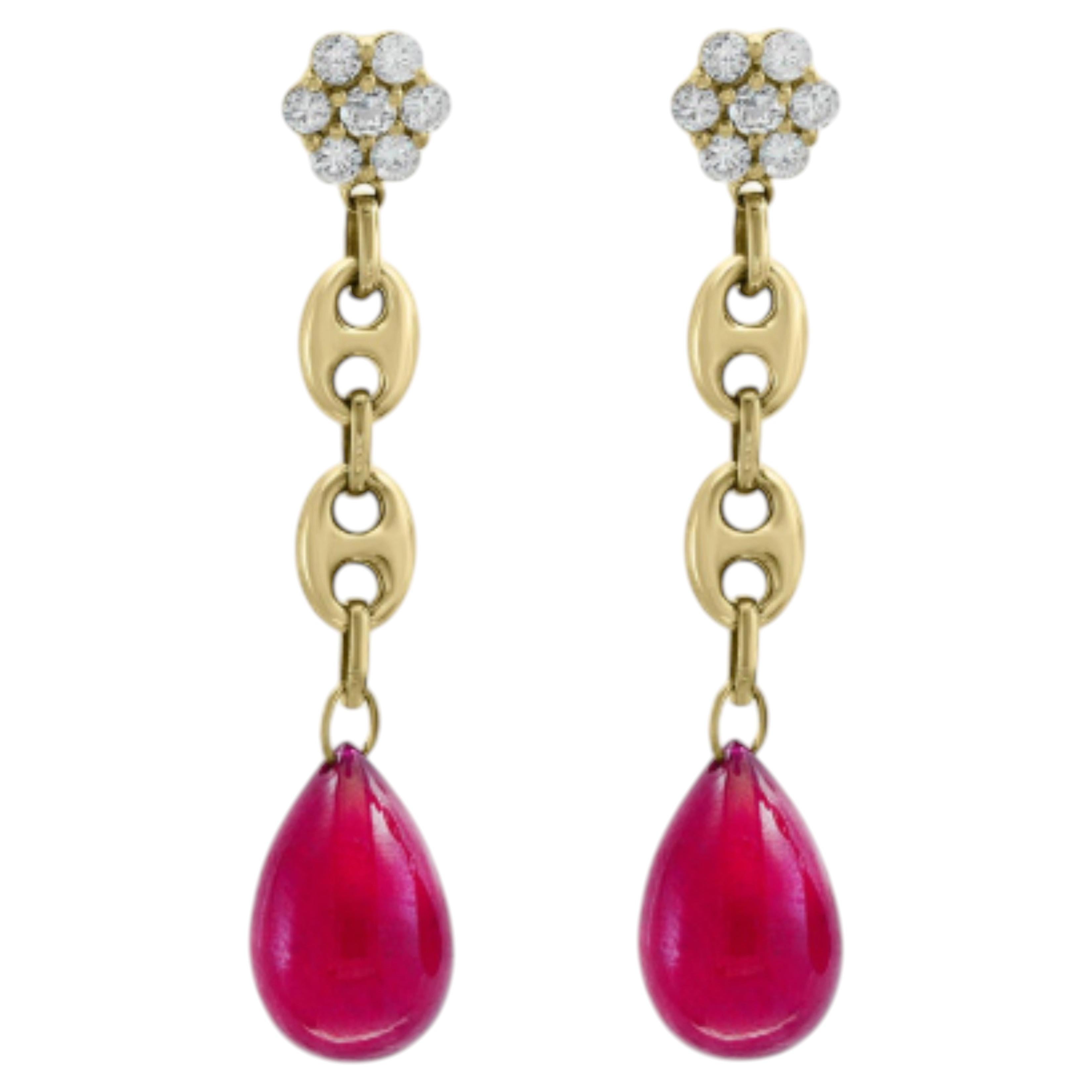 14K Gold Ruby & Diamond Halo Stud Earrings, India, 0.54 ct Ruby For Sale