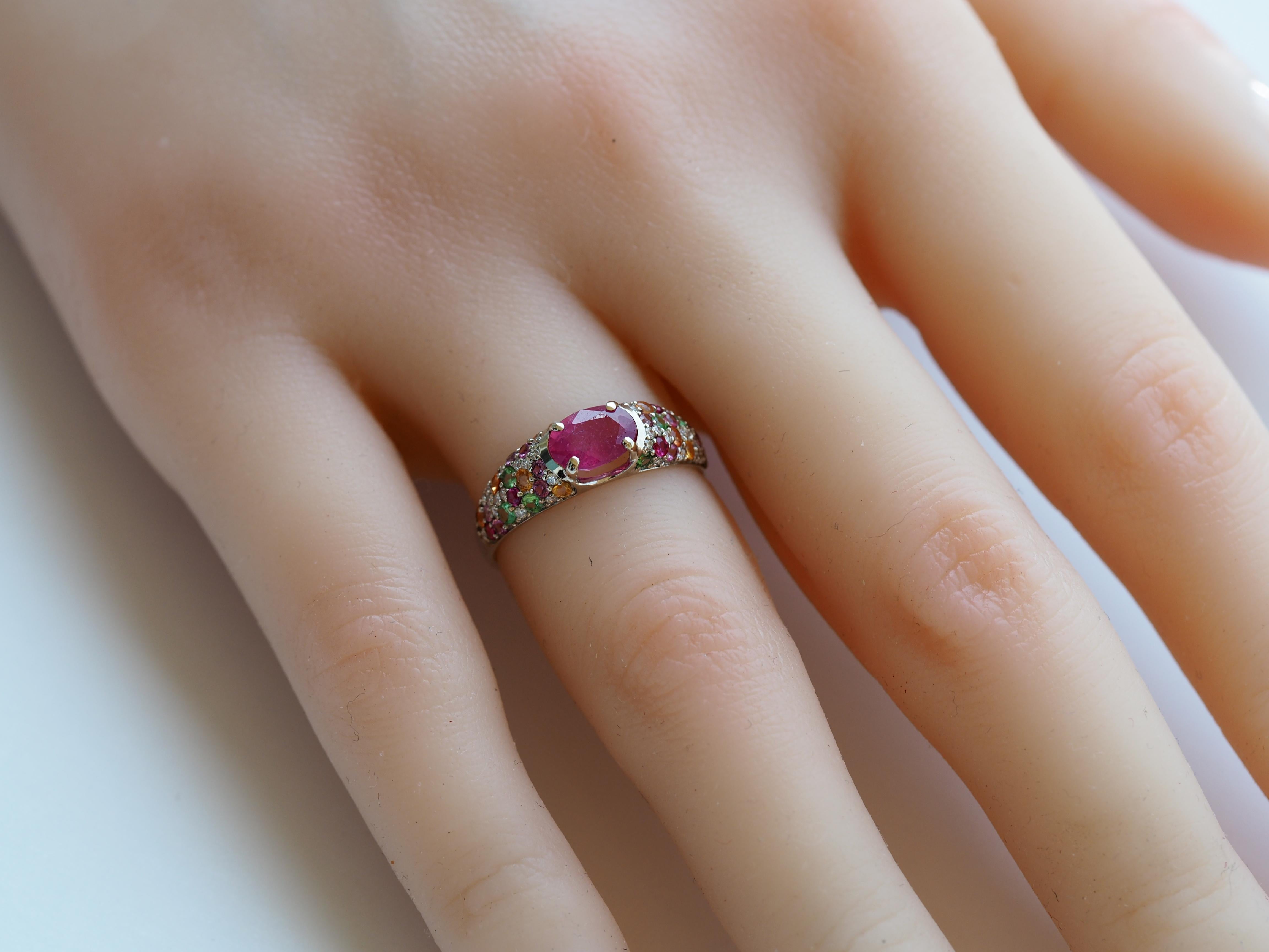 For Sale:  14k gold ruby and multicolored gemstones ring. 10